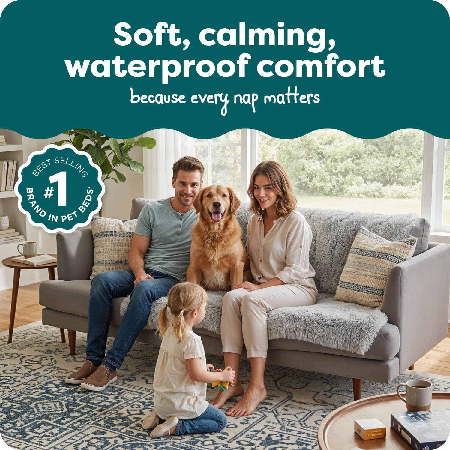 Extra large Furhaven calming pet blanket spread over a modern living room sofa.