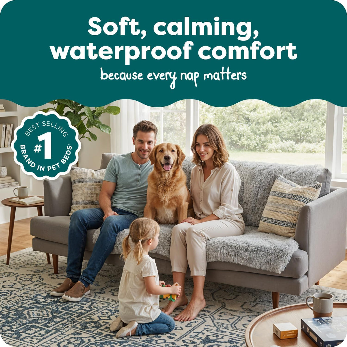 Extra large Furhaven calming pet blanket spread over a modern living room sofa.