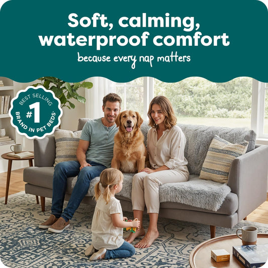 Extra large Furhaven calming pet blanket spread over a modern living room sofa.