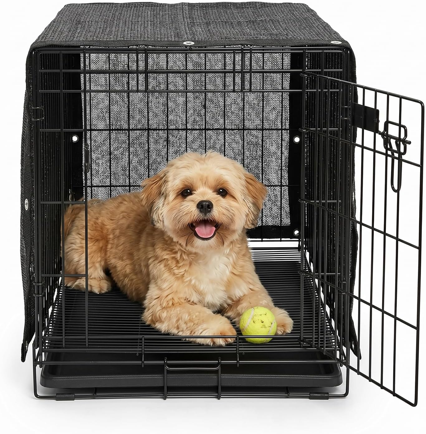 Royal Shade black dog kennel shade cover front view protecting a pet enclosure