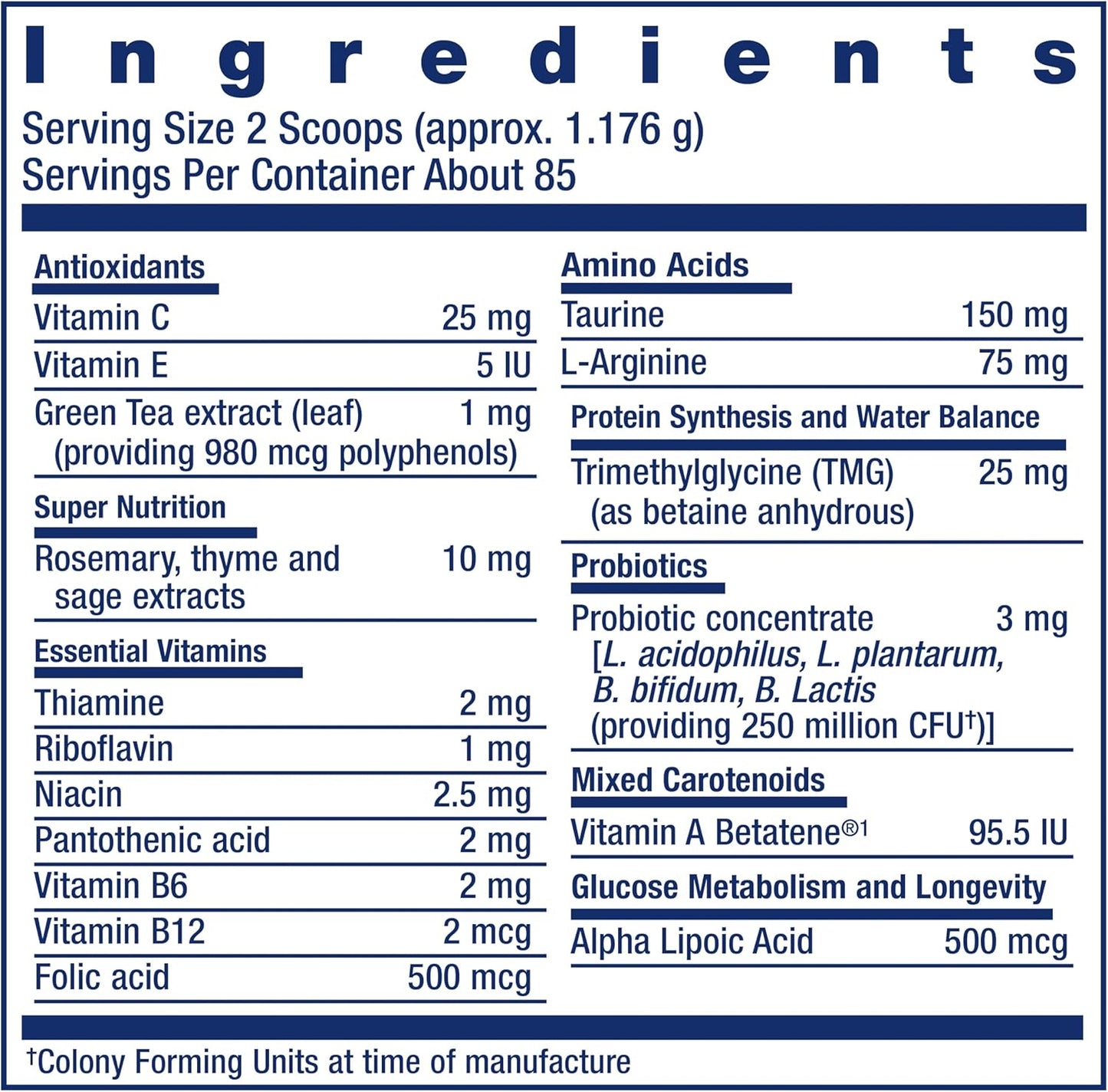 Life Extension Cat Mix ingredients label and instructions