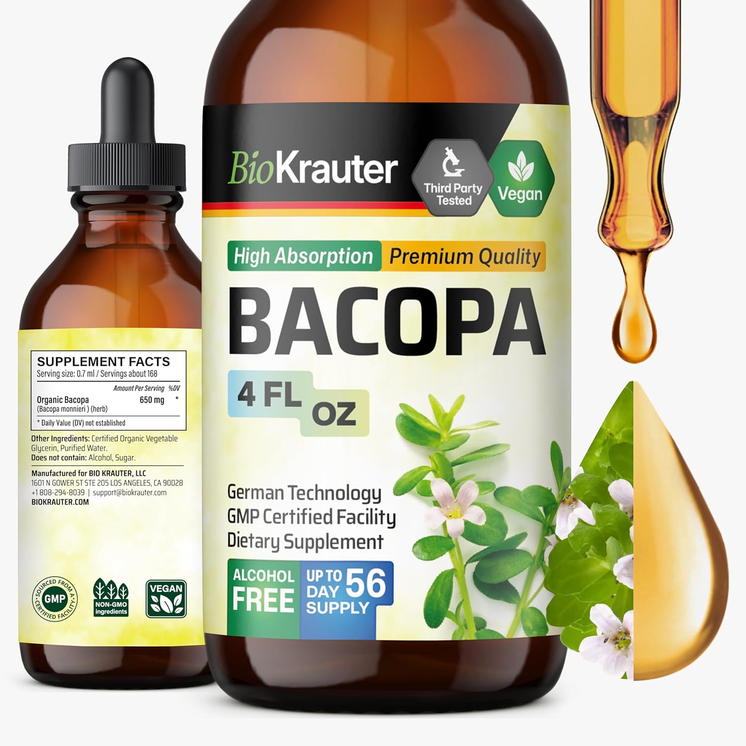BIO KRAUTERÂ® Bacopa Monnieri - Liquid Drops Bacopa Extract (Brahmi Powder) 650 mg per Serving 4 Fl.Oz 56-Day Supply - Pure Vegan Brain Supplement, Supports Calm, Focus & Memory - Alcohol & Sugar Free - Image 1