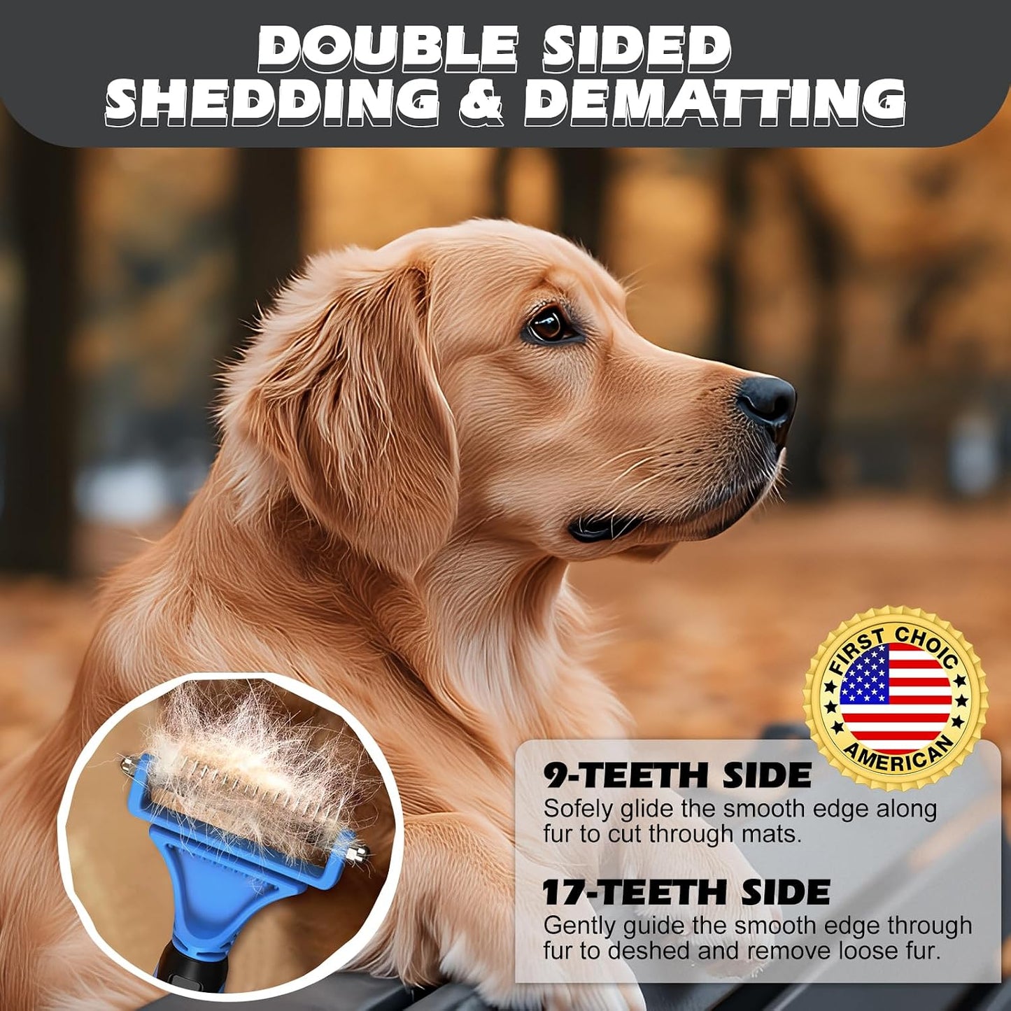 UGNEL double-sided undercoat rake with 9-tooth and 17-tooth stainless steel blades for dematting