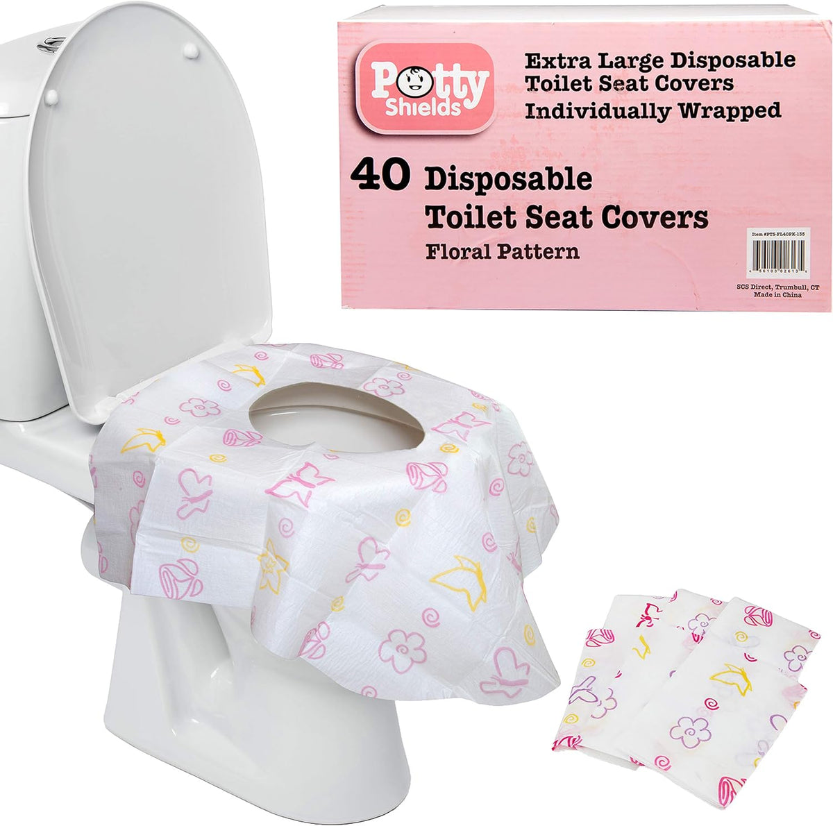 Potty Shields Disposable Toilet Seat Covers 40 count front packaging view showing floral design wrapper.