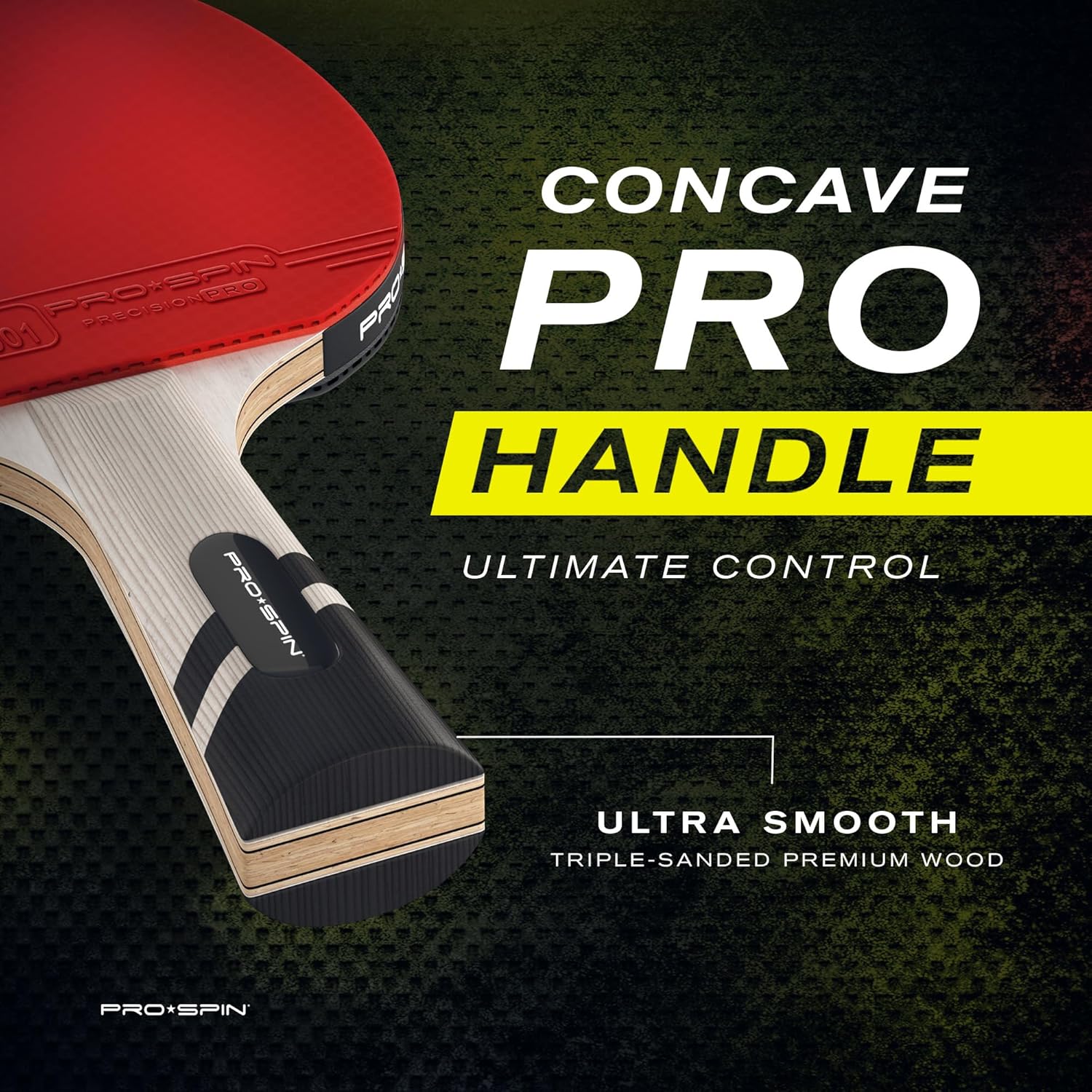 Close up view of the 7-ply blade construction of the PRO-SPIN Elite Series racket showing wood and carbon layers.