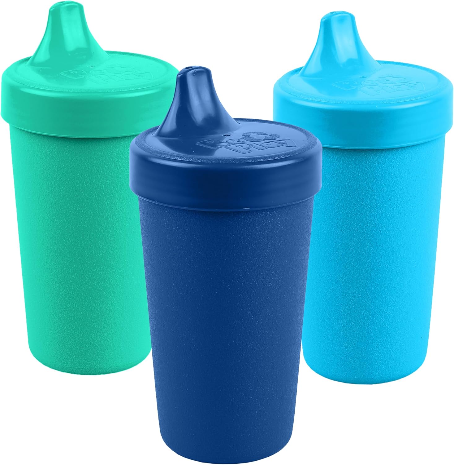 Re-Play Spill-Proof Sippy Cups True Blue 3 Pack front view showing the vibrant shades of sky blue, navy blue, and aqua.