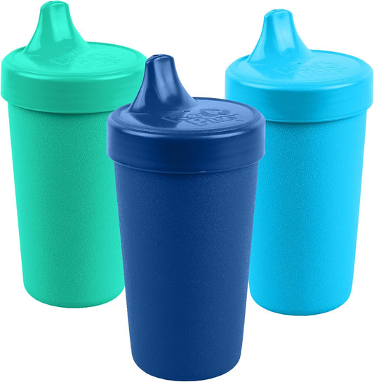Re-Play Spill-Proof Sippy Cups True Blue 3 Pack front view showing the vibrant shades of sky blue, navy blue, and aqua.