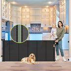 HEELALBABY reinforced 80 inch retractable baby gate front view installed in a wide kitchen doorway