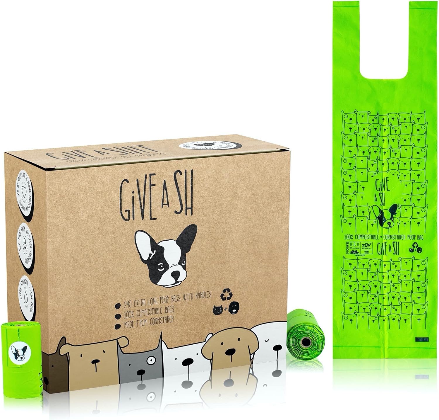 G.A.S certified home compostable dog poop bags front view packaging box.