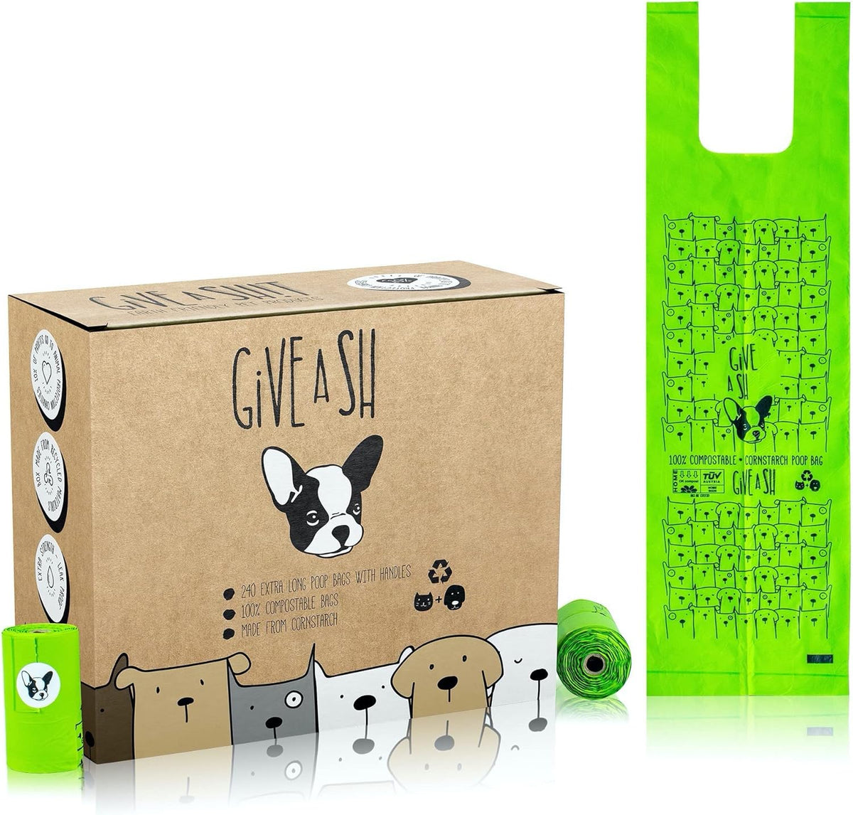 G.A.S certified home compostable dog poop bags front view packaging box.