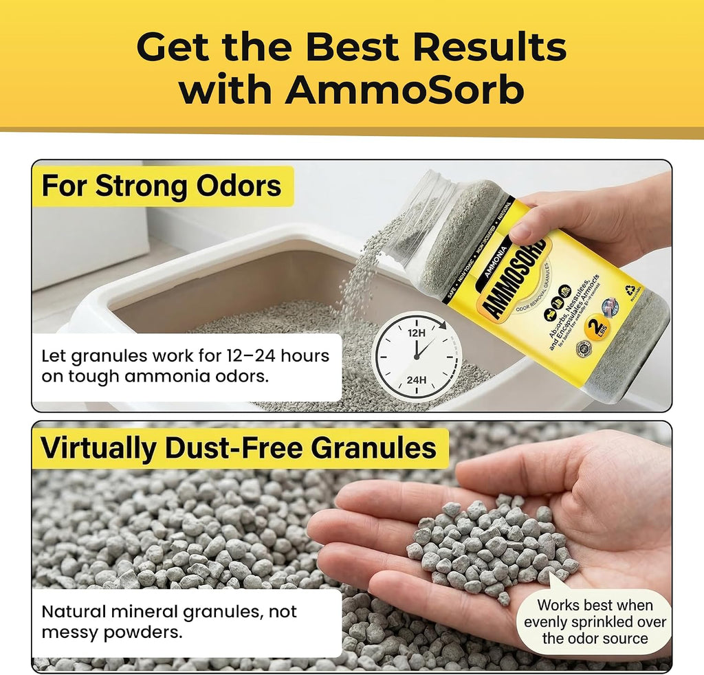 Ammosorb 2 pound container used for indoor pet area odor elimination