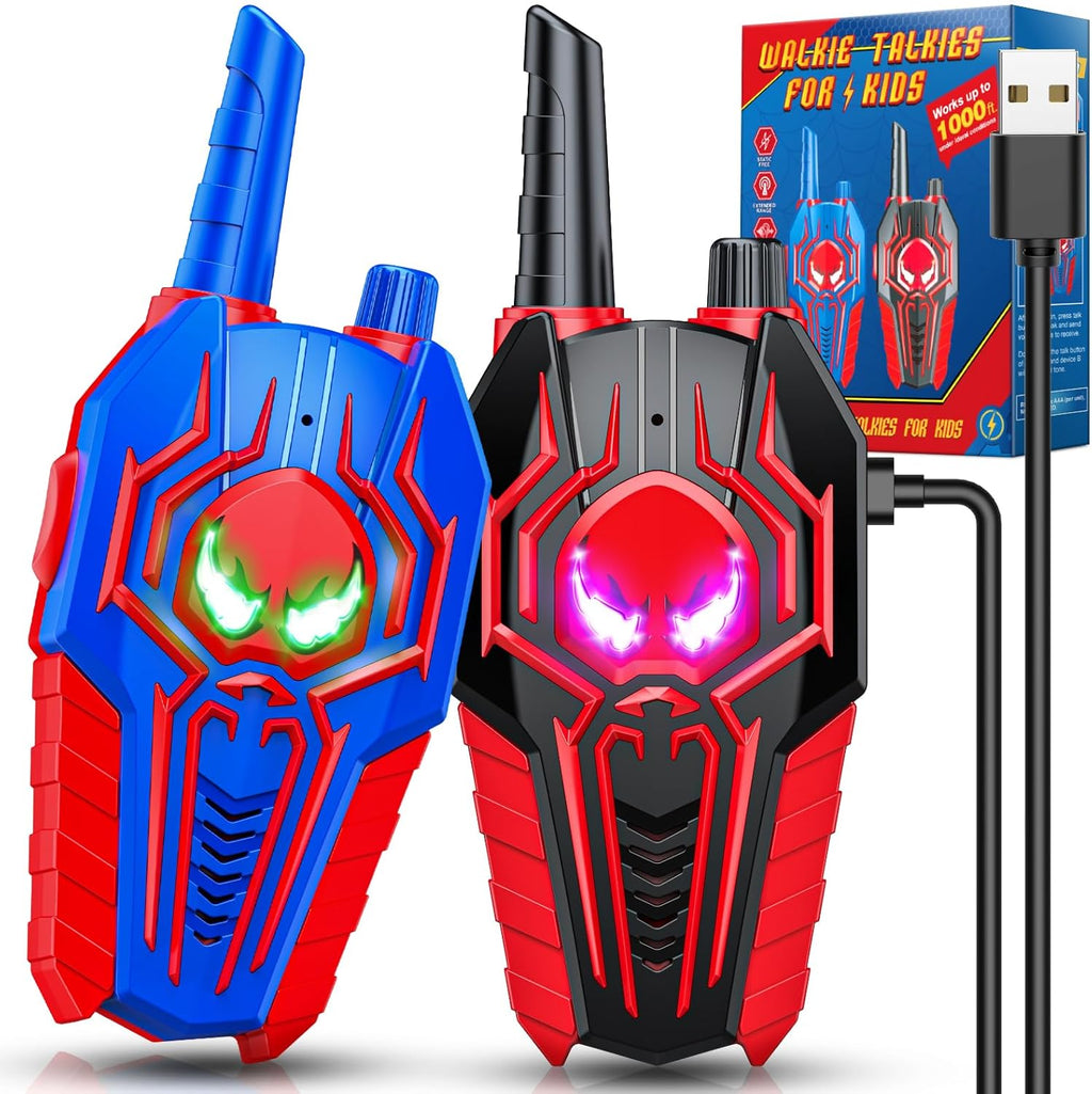 JovialToyz Rechargeable Walkie Talkies for Kids front view showing Spiderman theme and buttons.