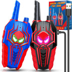 JovialToyz Rechargeable Walkie Talkies for Kids front view showing Spiderman theme and buttons.