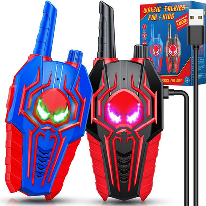 JovialToyz Rechargeable Walkie Talkies for Kids front view showing Spiderman theme and buttons.