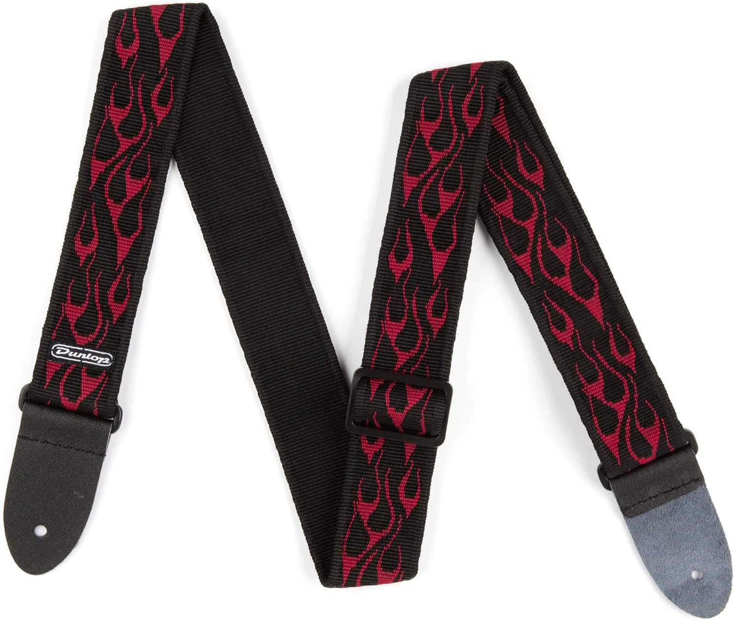 Jim Dunlop Flambe Red guitar strap leather ends close up view
