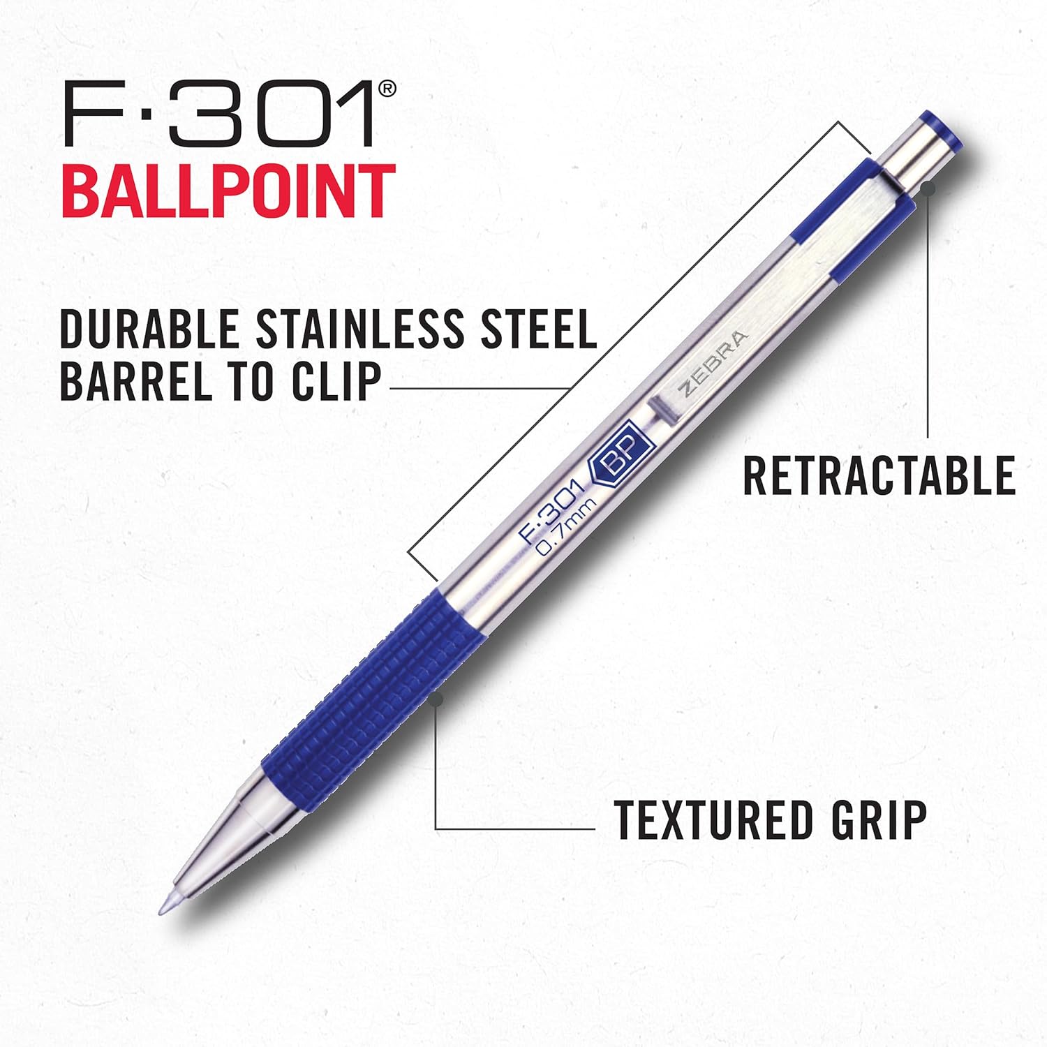 Zebra Pen F-301 Ballpoint Blue Ink Fine Point 0.7mm Pen, Easy-Glide Ink, Stainless Steel Retractable, Non-Slip Grip, Professional Design, Ideal for Office, Journal and Planner Use, 2-Pack (27122) - Image 4