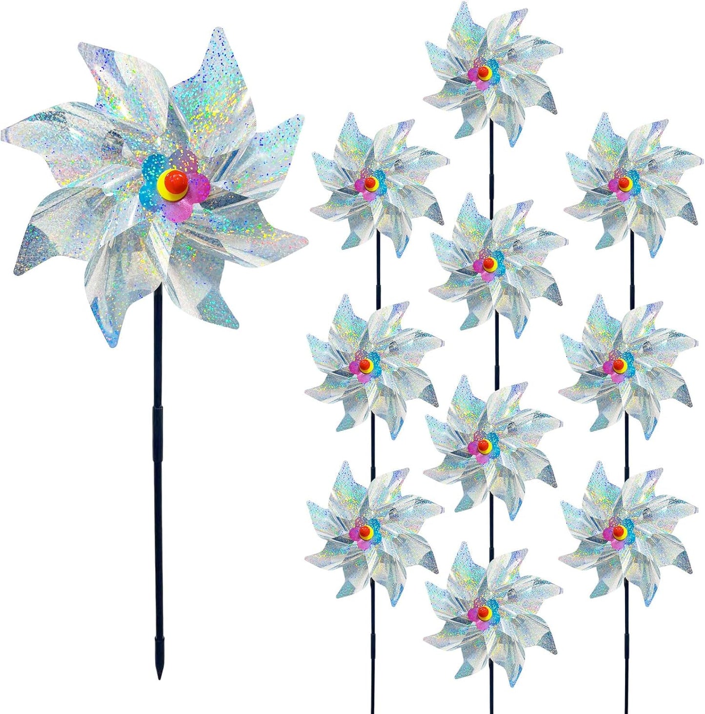 Jremreo 10 piece silver reflective pinwheels front view for garden decor