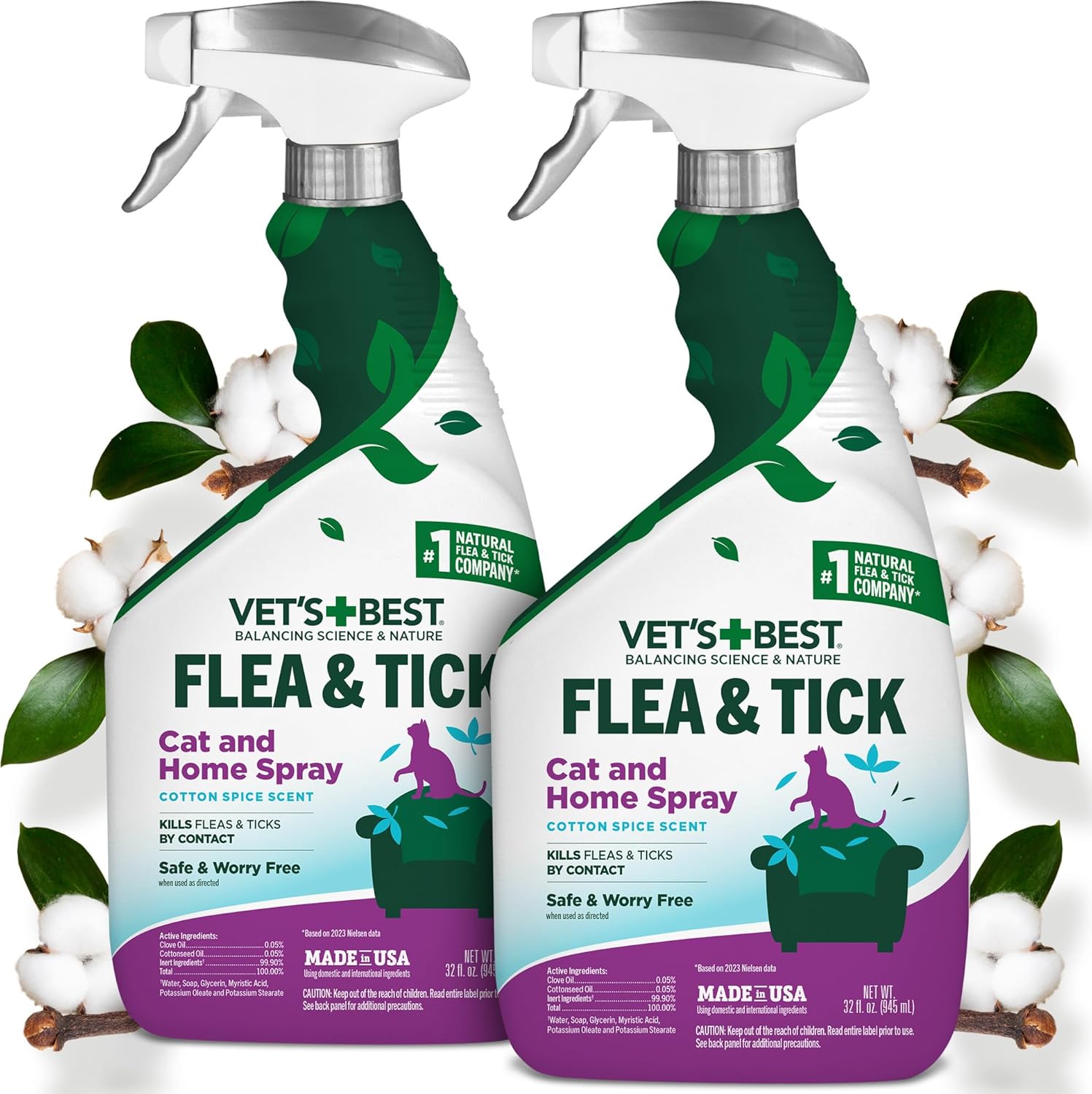 Vet's Best Flea & Tick Home Spray for Cats - Plant-Based Flea and Tick Treatment with Cotton Spice Scent - Gentle Flea Mist for Indoor Use - Made in USA Natural Cat Flea Control - 32 oz - Image 15