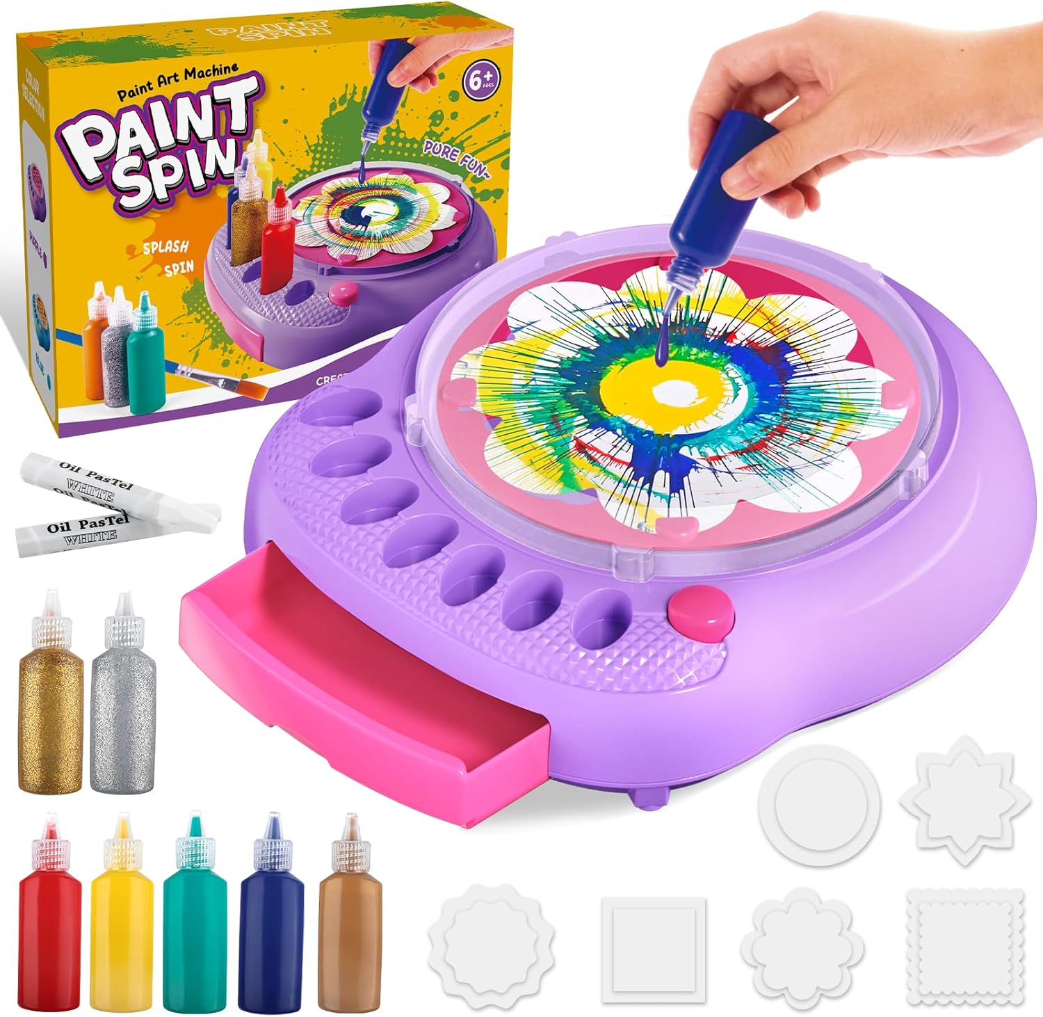 TingingYuli paint spin art machine kit front view showing purple base and clear splash guard
