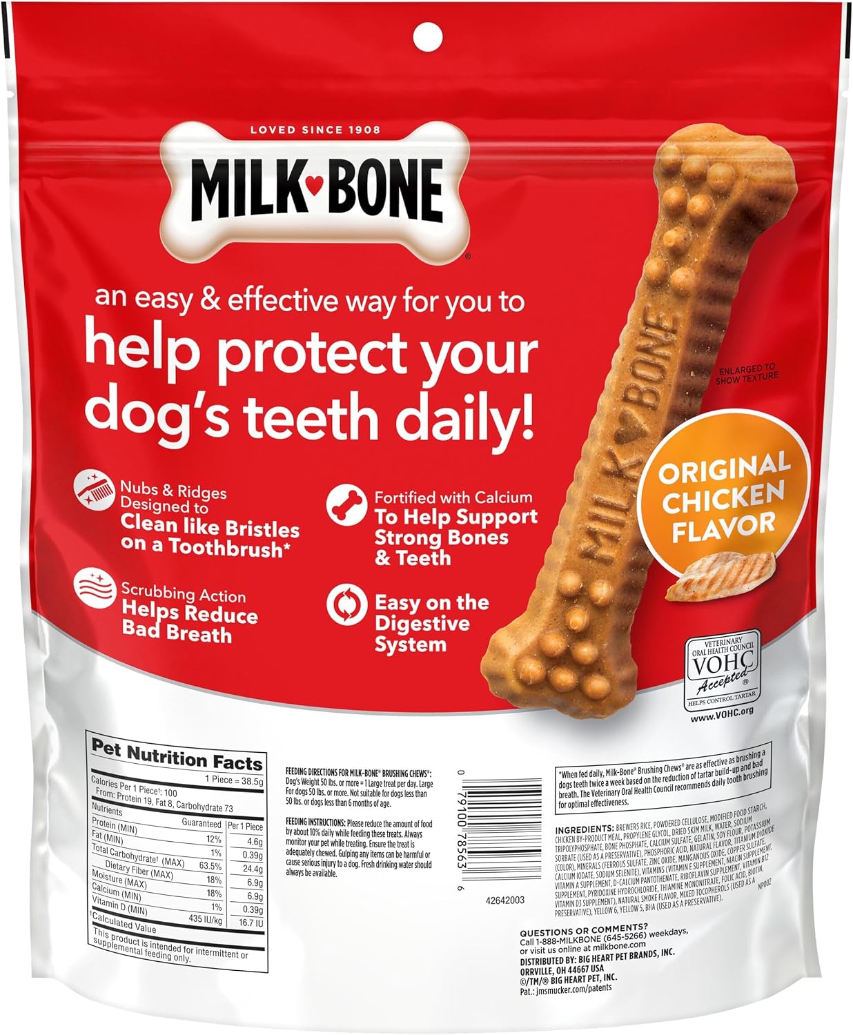 Milk-Bone Large Brushing Chews original chicken flavor bag lifestyle product shot.