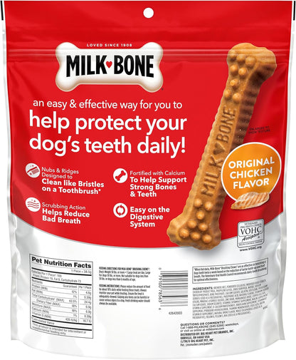 Milk-Bone Large Brushing Chews original chicken flavor bag lifestyle product shot.