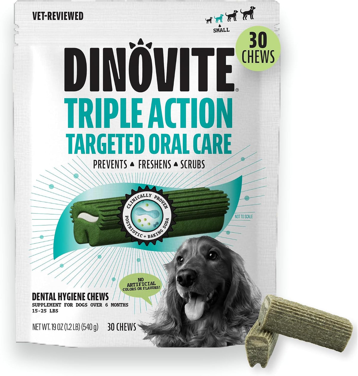 Dinovite Dental Chews for Dogs front packaging view showing 30 count small breed treats