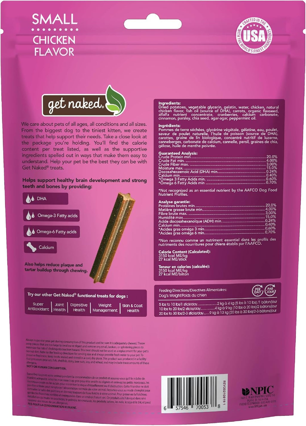 USA imported Get Naked grain free small puppy dental bones premium packaging close up.