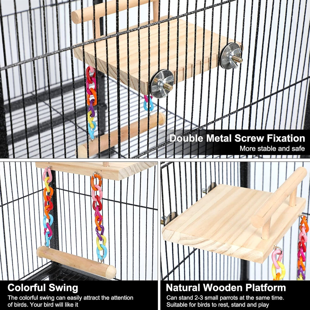 Wooden bird perch platform showing natural texture and chew toys