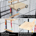 Wooden bird perch platform showing natural texture and chew toys