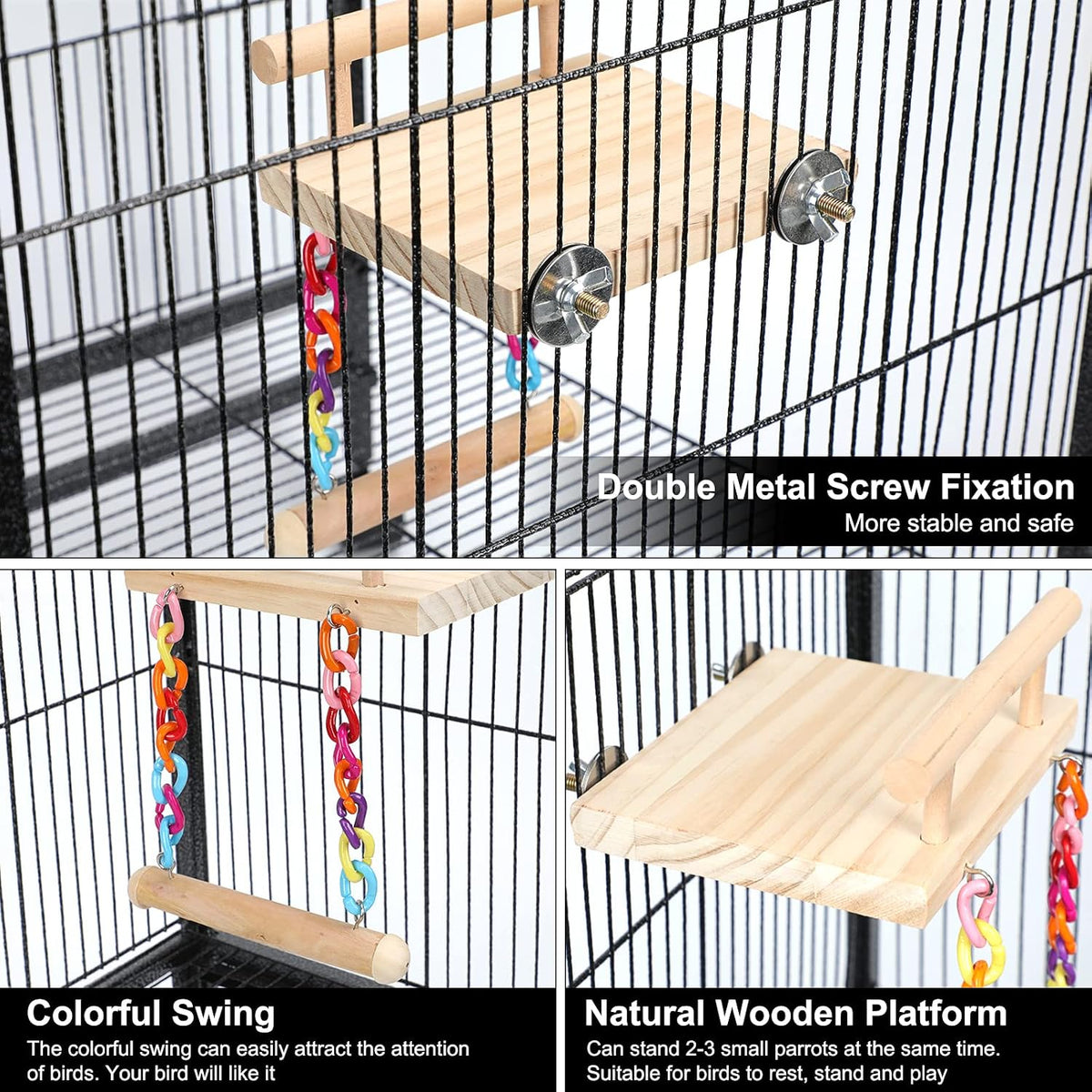 Wooden bird perch platform showing natural texture and chew toys