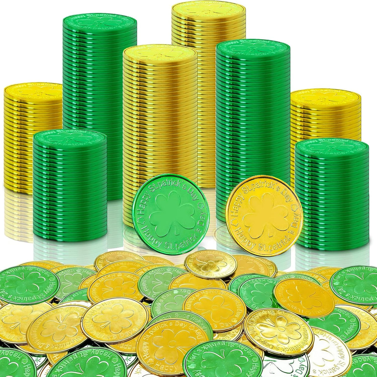 Catephe St Patricks Day gold and green coins front view party scatter