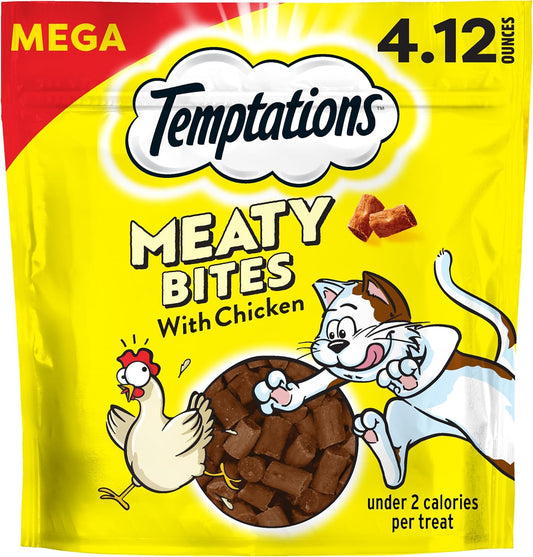 Temptations Meaty Bites Chicken Flavor Cat Treats front view packaging.