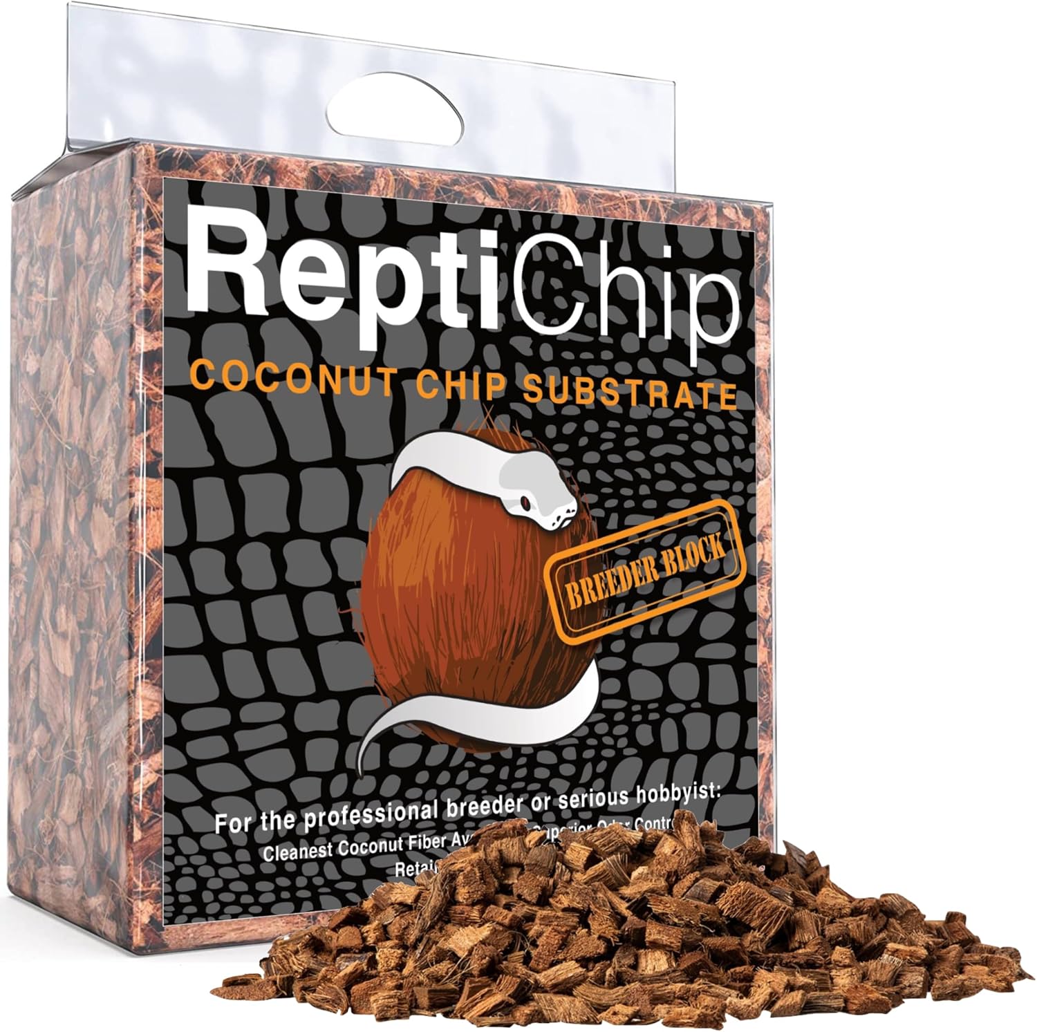 ReptiChip Premium Coconut Substrate front view of compressed seventy two quart block for reptile bedding.