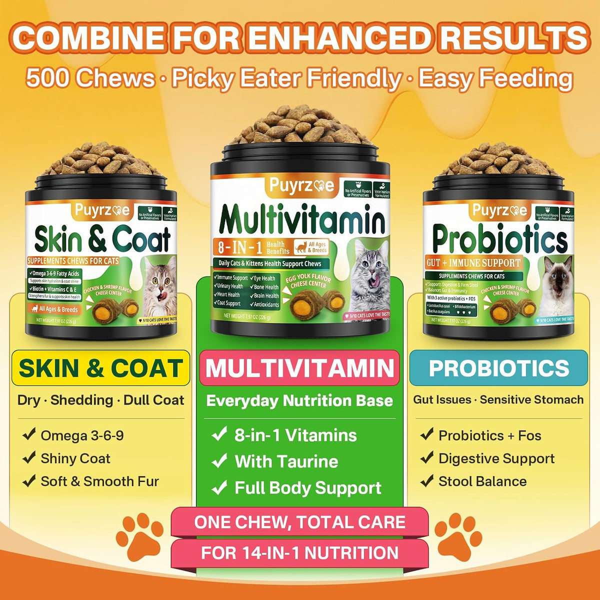 Taurine for Cats Multivitamin Chews, 500 Crunchy Cat Vitamins + Taurine Supplement for Cats with 11 Essential Vitamins, 8-in-1 Support - Immune, Urinary, Heart, Skin & Coat, Eyes, Brain, Bone for Cat - Image 9
