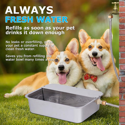 Heavy duty stainless steel automatic livestock water trough connected to garden hose