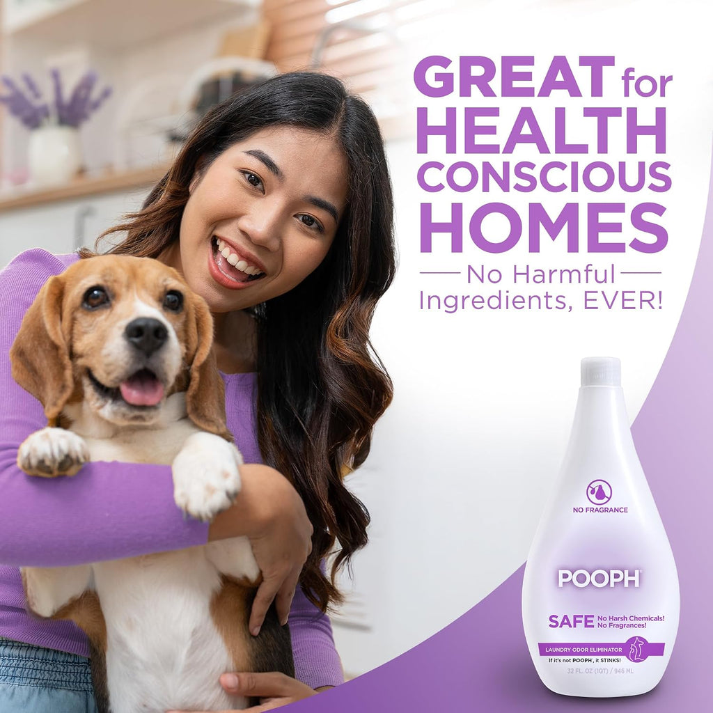 Close up of Pooph laundry additive cap and bottle branding