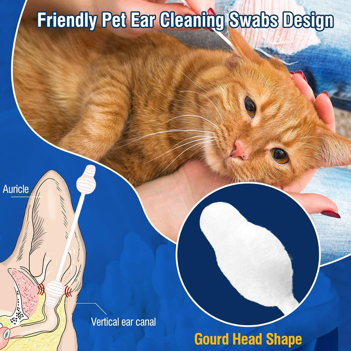 Double-headed pet ear cleaner swabs showing size and shape