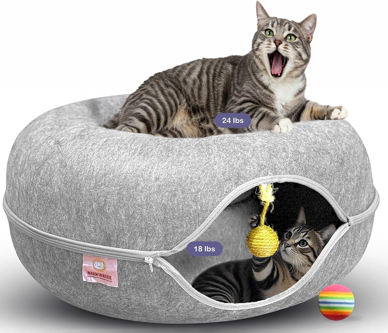 MeowMates Peekaboo Cat Cave Donut Bed for Multiple Cats Upto 45lbs, 3-in-1 Large Cat Tunnel & Donut Bed Combo w Round Tunnel Scratcher for Indoor Cats, Hanging Toy, Washable & Detachable - Dark Grey - Image 9