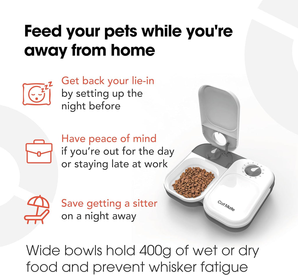 Battery operated cat feeder showing removable dishwasher safe trays