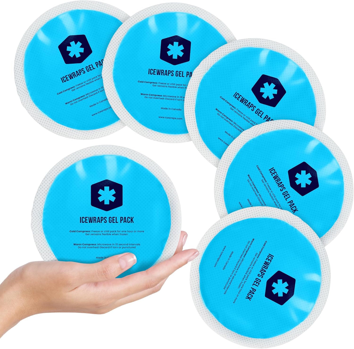 Icewraps round gel ice packs 5 pack set in blue.