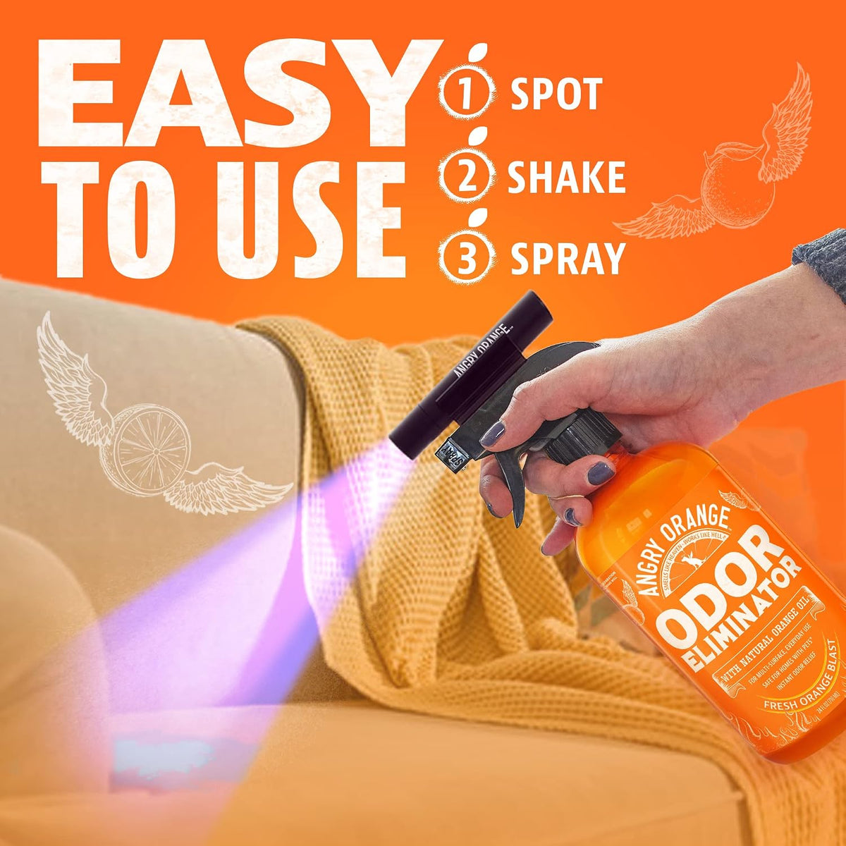 Angry Orange compact pet urine detector with adhesive spray bottle mount
