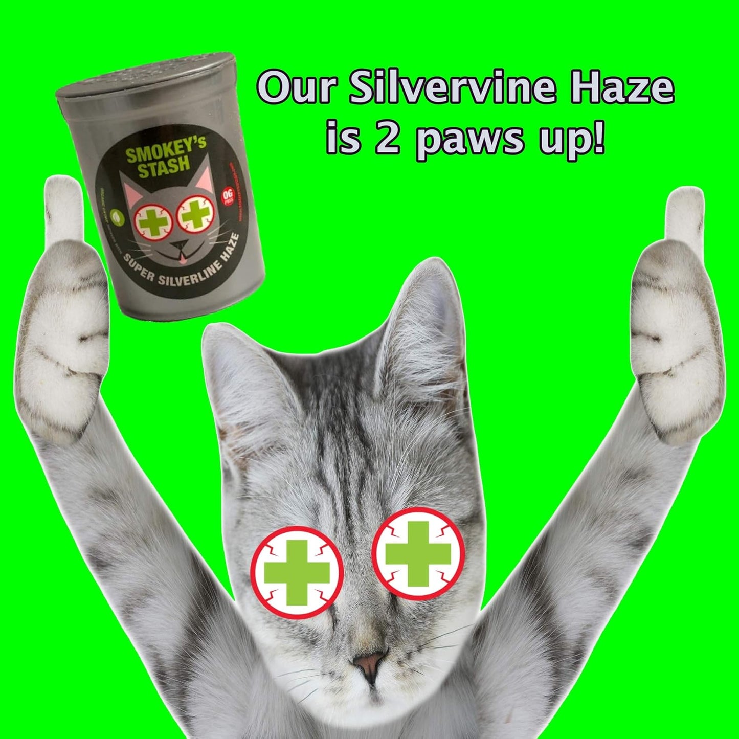 Refillable cat kicker toy filling powder featuring organic catnip leaves and mountain silvervine.