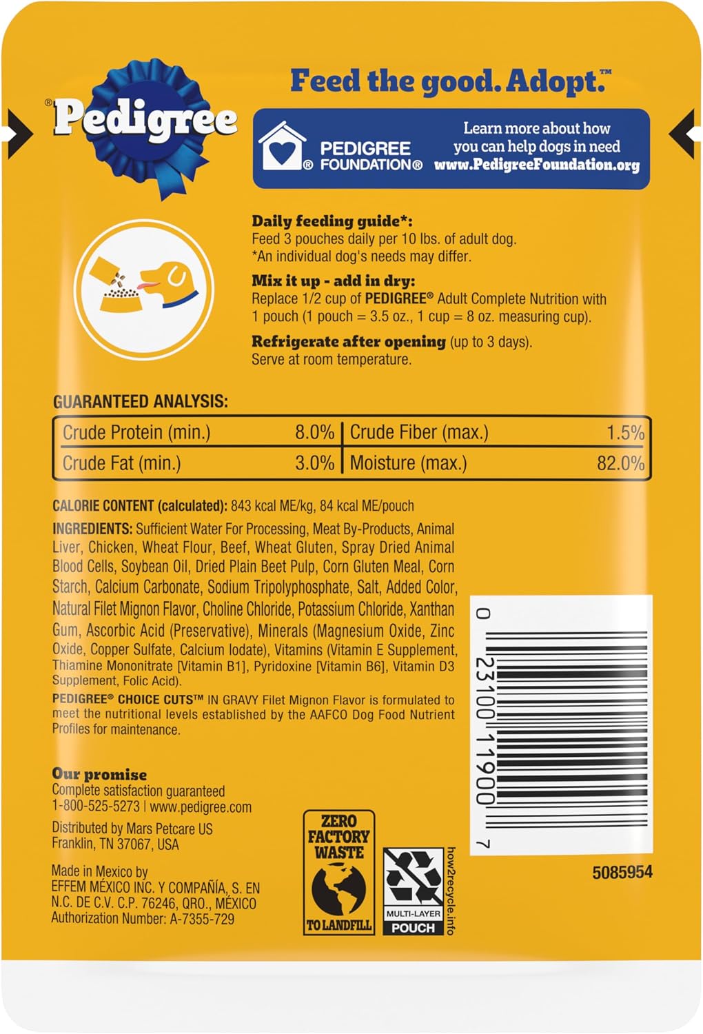 Pedigree wet dog food chunks in savory gravy texture shot