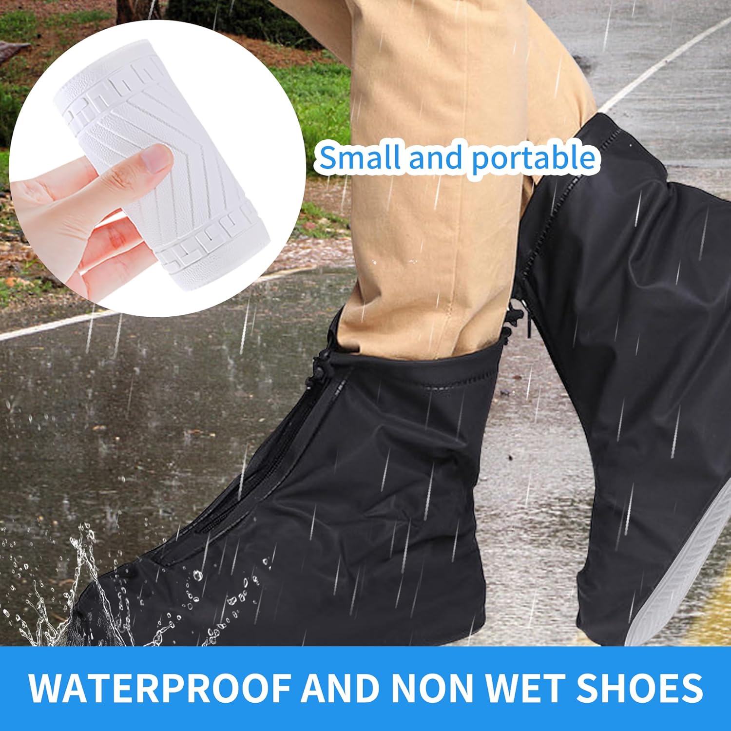 Foldable rain boot protectors with elastic drawstring top ties for men and women.