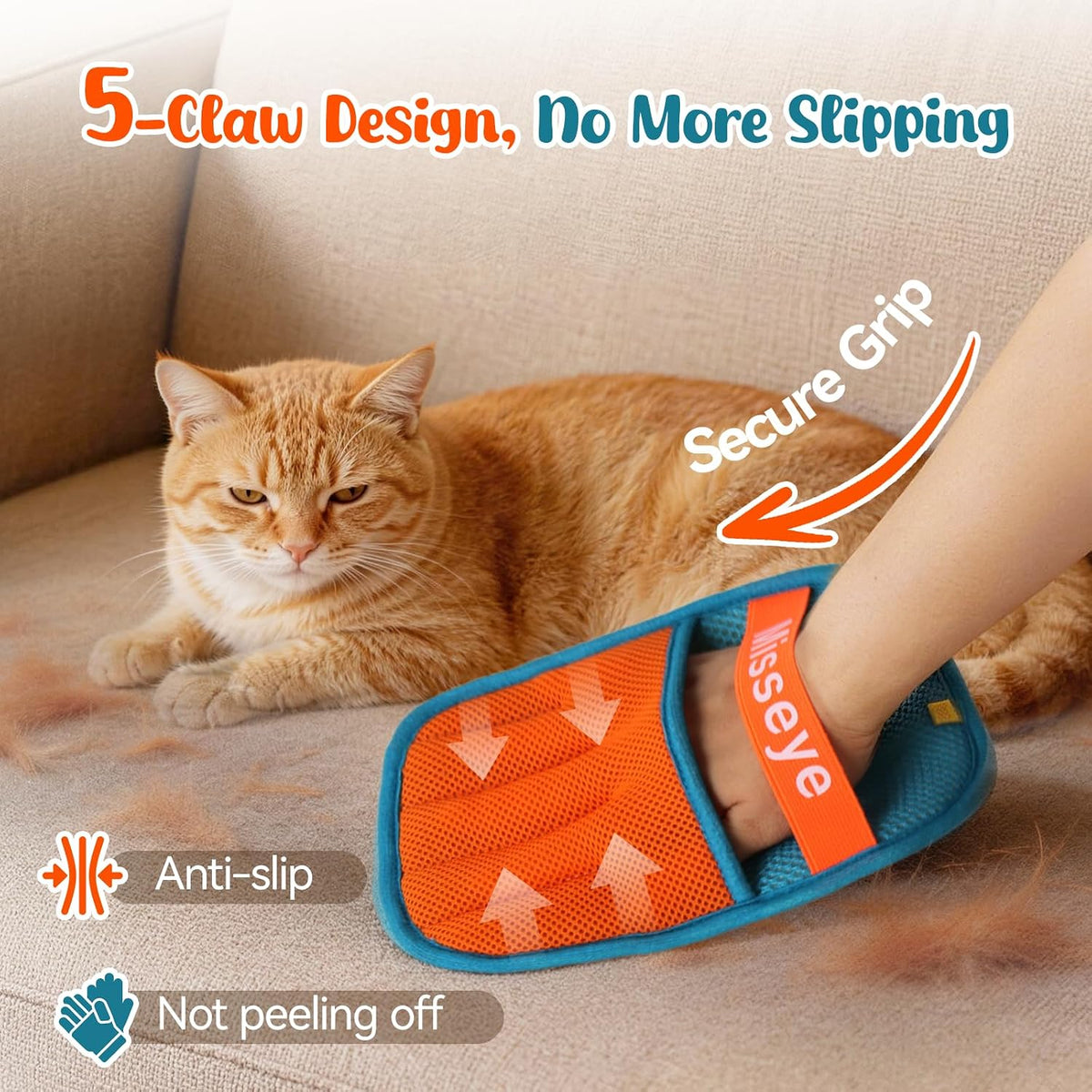 Five finger electrostatic pet hair removal tool removing hair from car seats