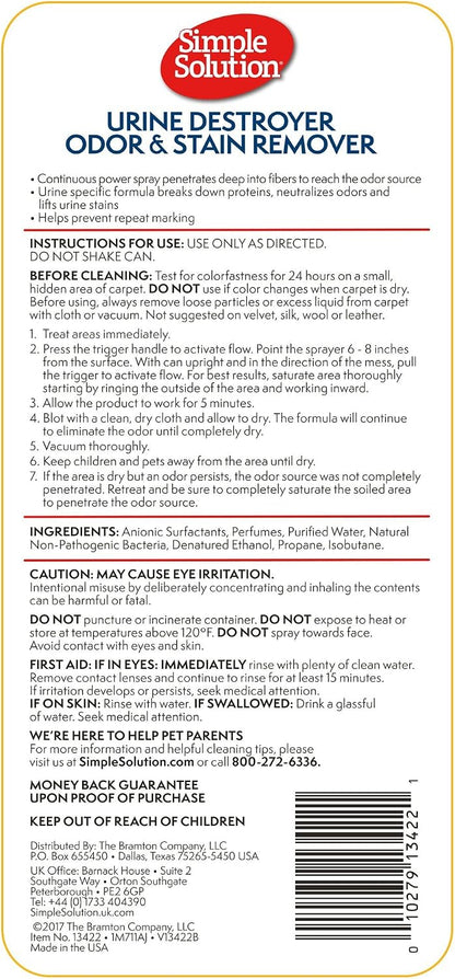 Simple Solution pet urine remover spray bottle for carpet and upholstery cleaning.