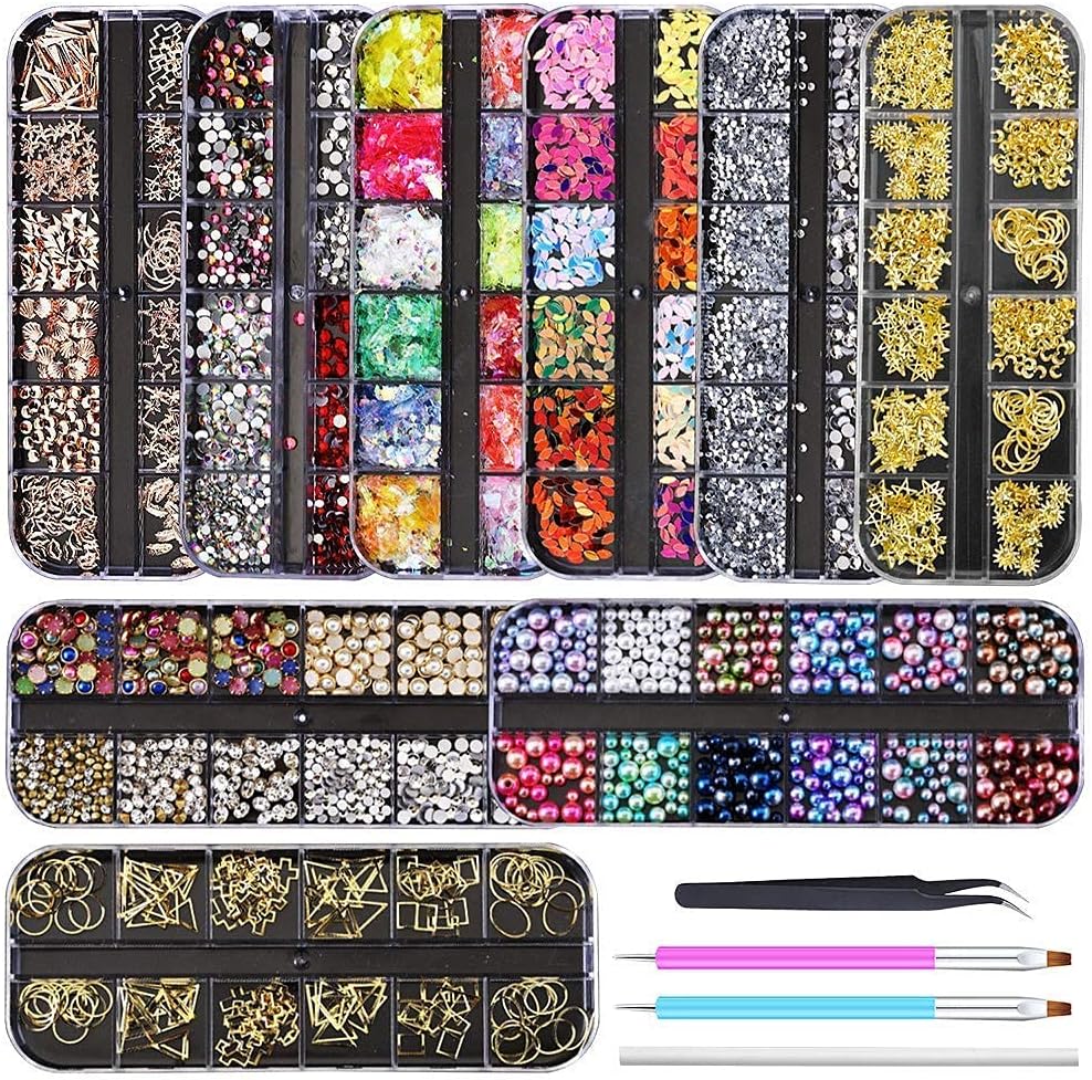 Artdone 9 Boxes Nail Rhinestones Kit front view showing organized storage containers with diverse glass gems and application tools.