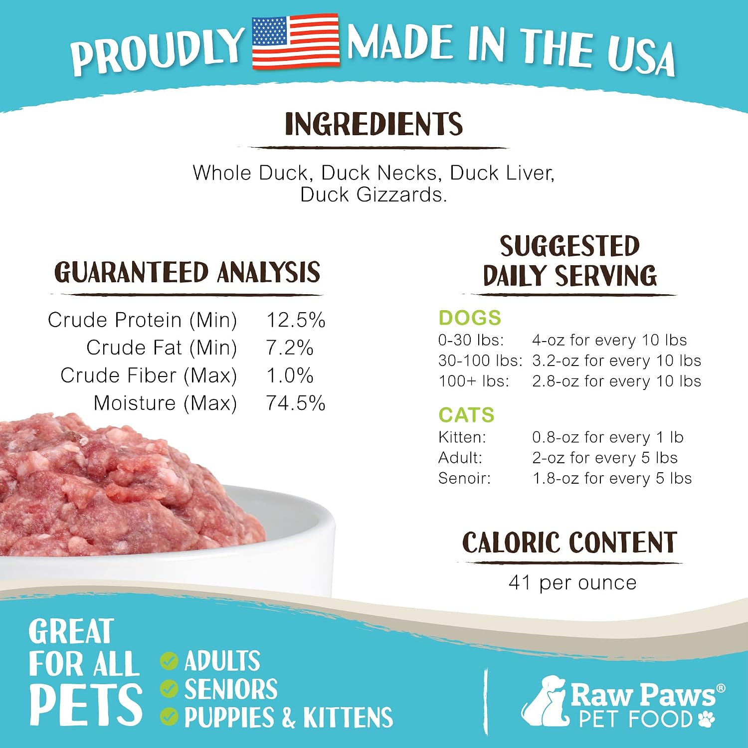 Frozen raw duck meat rolls for pets in 3 pound size