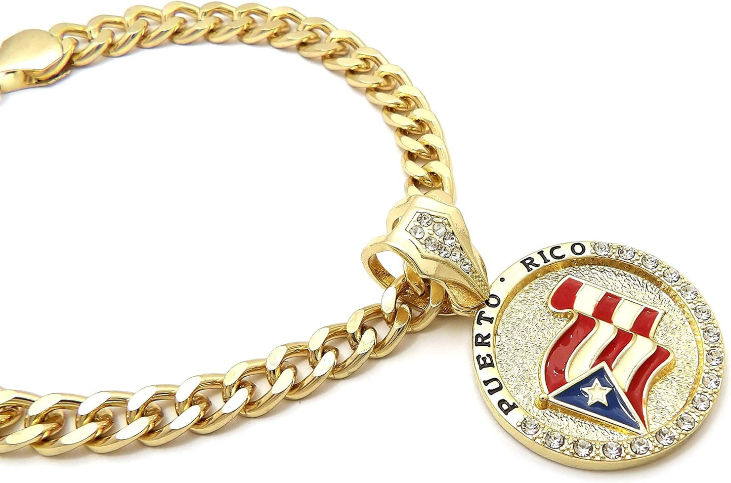 Icemond Puerto Rican flag medallion hip hop style pet necklace accessory side angle