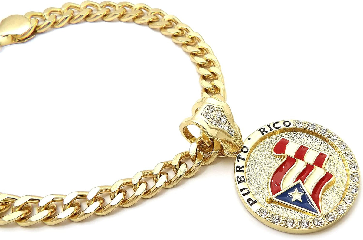Icemond Puerto Rican flag medallion hip hop style pet necklace accessory side angle